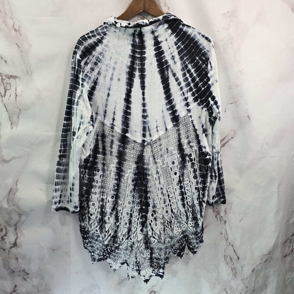 XCVI Shirt Womens Large Blue Tie Dye Linen Long Sleeve Tunic Crochet Boho - Picture 6 of 13